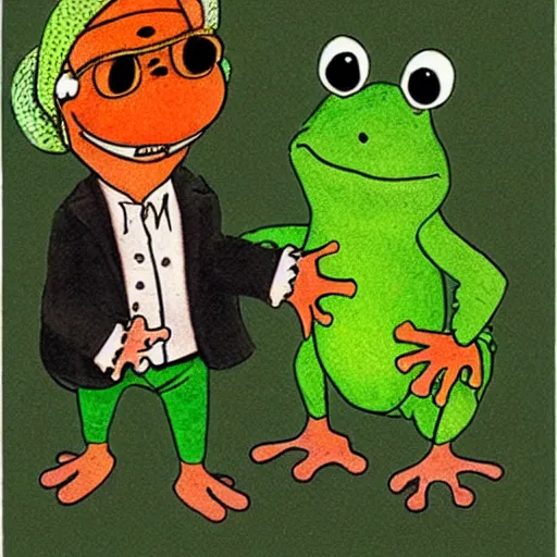 Image similar to frog and toad play metallica songs by arnold lobel