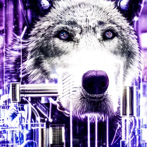 Image similar to portrait of half cybernetic wolf, l machine, animal, wires and translucent liquid, cyberpunk, robot wolf, mechanical parts, jewelry, editorial photography, neons, blade runner, futuristic style, realistic bokeh and depth of field, award winning, establishing shot