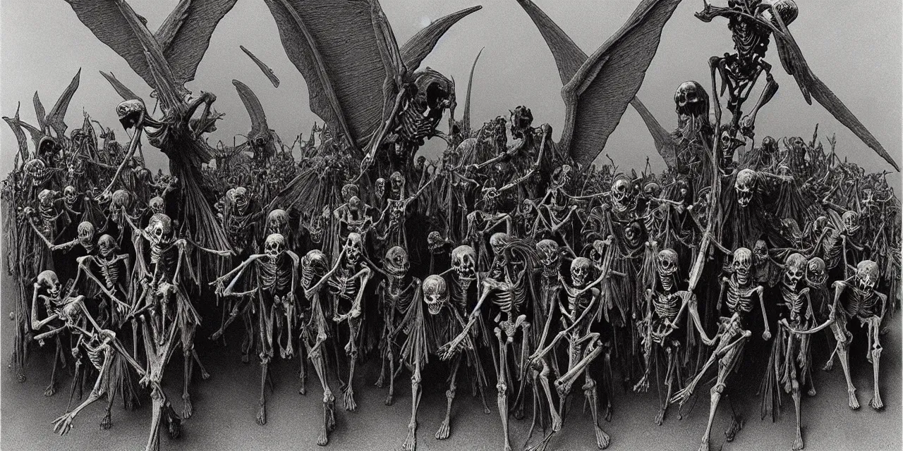 Image similar to winged satanic skeleton gang emerge from the cemetery on a dark night by zdzisław beksinski and gustave dore and alphonse mucha