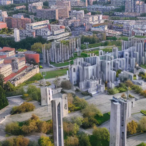 Image similar to aerial view of brutalist extensive monument ricardo bofill ( ( ( ( ( park ) ) ) ) ) spomenik with ( ( railings ) ) photo, 4 k