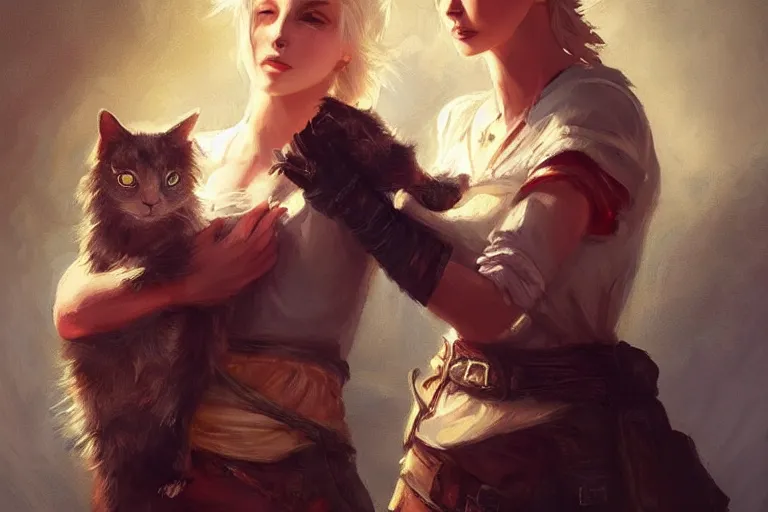 Image similar to Ciri holding a cat, beautiful lighting, expressive oil painting, trending on artstation, digital art