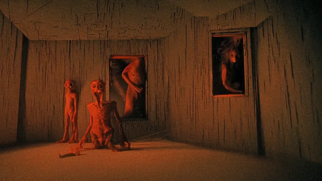 Prompt: the strange creature in the box in the attic, they look at me, film still from the movie directed by wes anderson and david cronenberg with art direction by salvador dali and zdzisław beksinski, wide lens