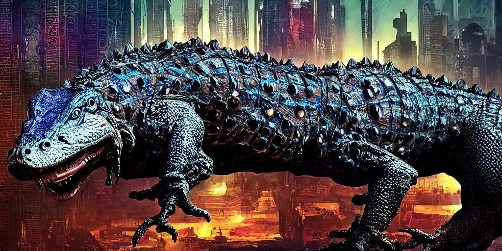 Image similar to a cyberpunk alligator creature closeup, fallout 5, studio lighting, deep colors, apocalyptic setting, vertically mirrored city in background