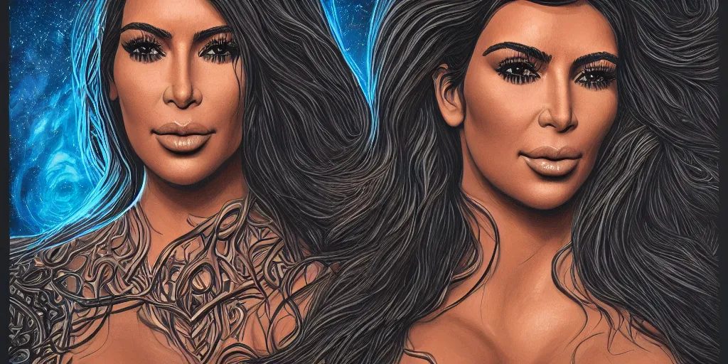 Image similar to kim kardashian in the style of a mastodon album cover, highly detailed, intricate, smooth, elegant, digital painting, artstation, 3 5 mm film grain