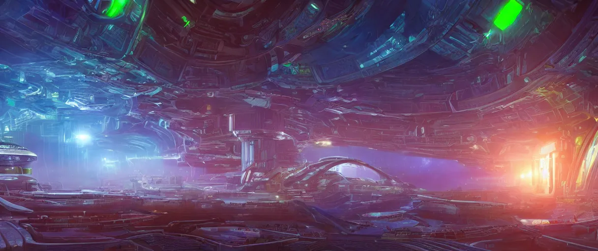 Image similar to a wide shot of a large distant hi-tech sci-fi Utopian spaceship, with a lot of bright color lights, bridges, turrets, pipes, orbiting a gas giant planet, beautiful, solarpunk, volumetric light, photography, color, intricate, extremely detailed, photorealistic, digital art, trending on artstation