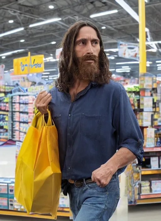 Image similar to jesus looking exhausted while leaving his midday shift at walmart