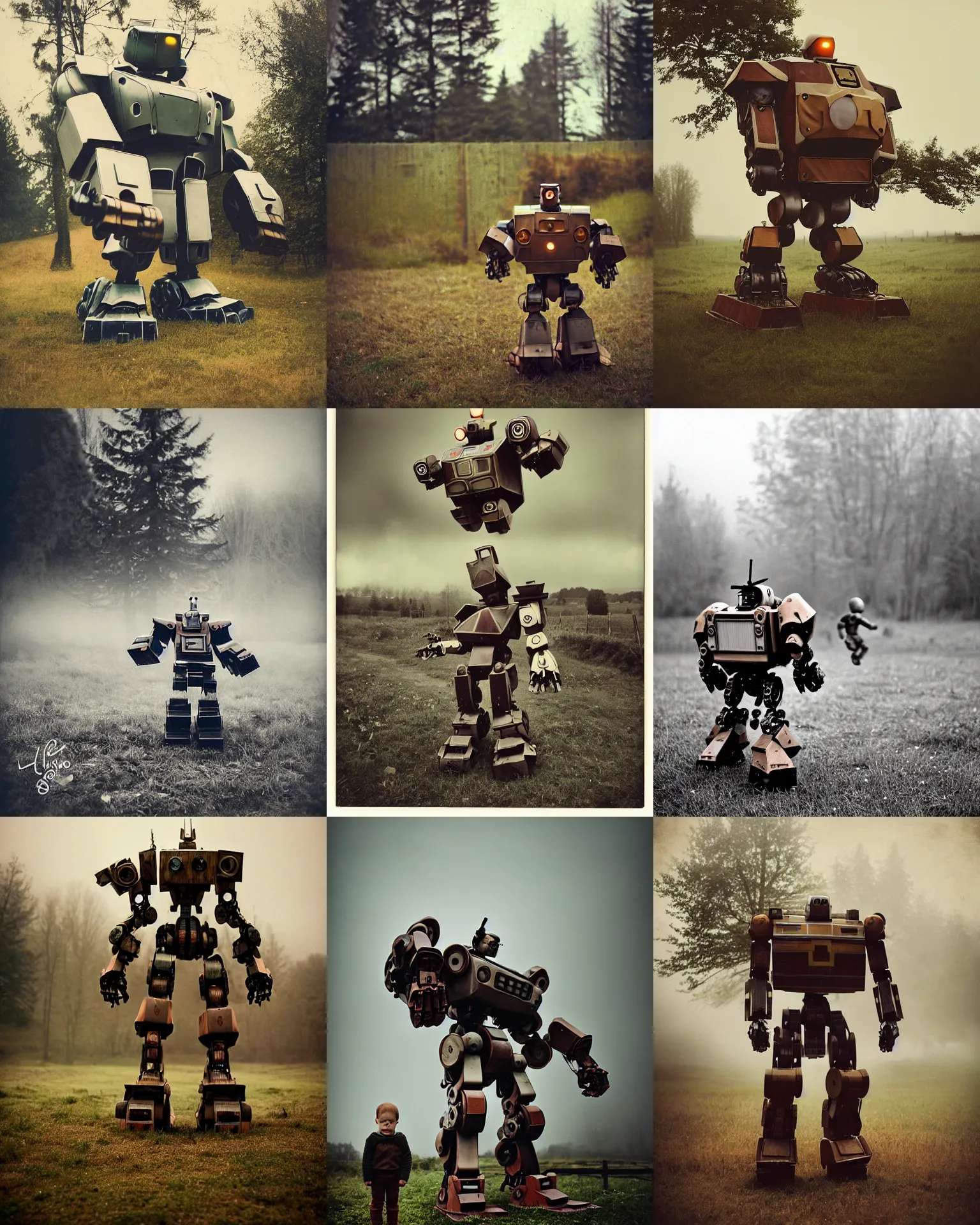 Prompt: giant oversized battle pose robot mech as giant baby on a village, wooden fence and tree remains in far background, hero pose, Cinematic focus, Polaroid photo, vintage, neutral colors, soft lights, foggy, natural detaild grainy photo, by Steve Hanks, by Serov Valentin, by lisa yuskavage, by Andrei Tarkovsky