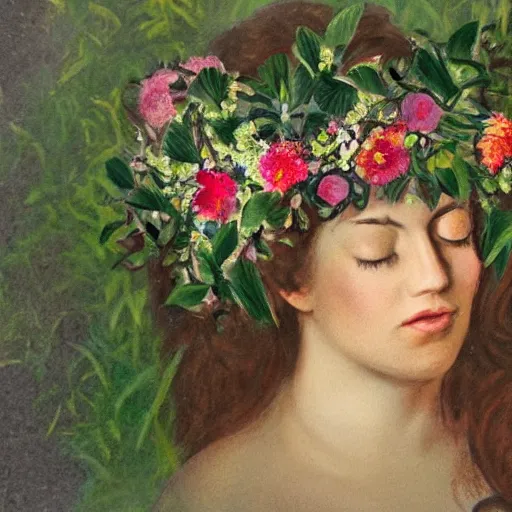 Prompt: a woman falling asleep in a bushes with a floral crown in the style of Serafino De Tivoli, Italian artist, upscaled