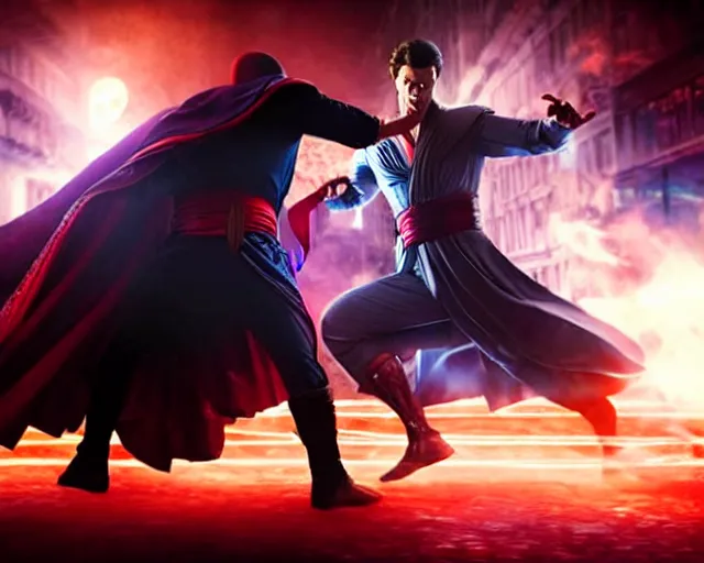 Prompt: still of moon knight vs dr. strange, in the movie avengers, photorealistic, real life, hdr soft focus, long exposure