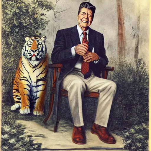 Image similar to [ ronald reagan sitting in chair... tiger lying at his feet ]