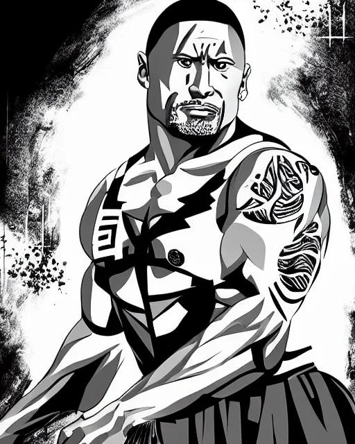 Image similar to Dwayne Johnson in a black and white anime