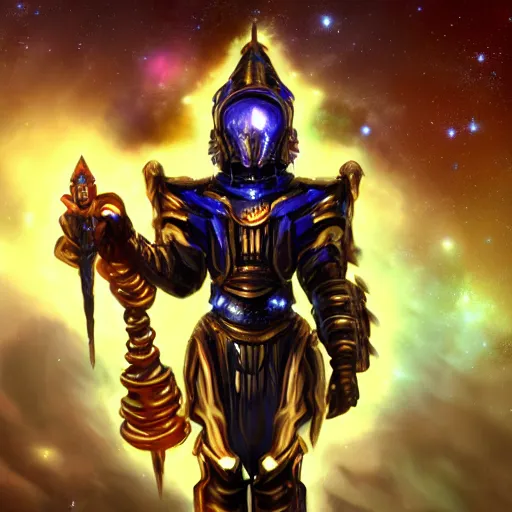 Image similar to photorealistic fantasy cosmic concept art of a cosmic god with armor made out of planets and dark matter, hovering in a unknown galaxy, fully body portrait, cinematic, dynamic lighting, ultra detailed, creative, trending on art station, creative