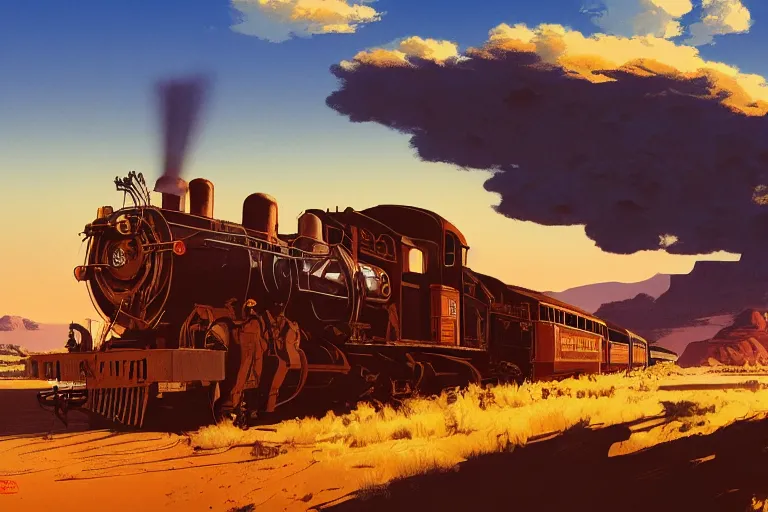 Image similar to idyllic old western train station illustration by syd mead, artstation, 4 k, graphic novel, concept art, matte painting, steam engine spewing billowy clouds of steam, beautiful mountain desert sunset background, golden hour