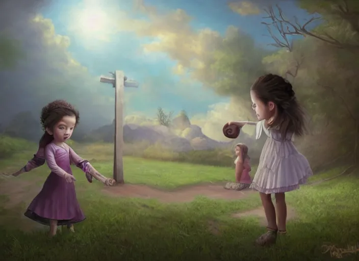 Prompt: a little girl with a cross fights off terrified demons, clear face and bright eyes. 8 k, matte painting, lowbrow in the style of lilia alvarado, mark ryden and martin johnson heade,