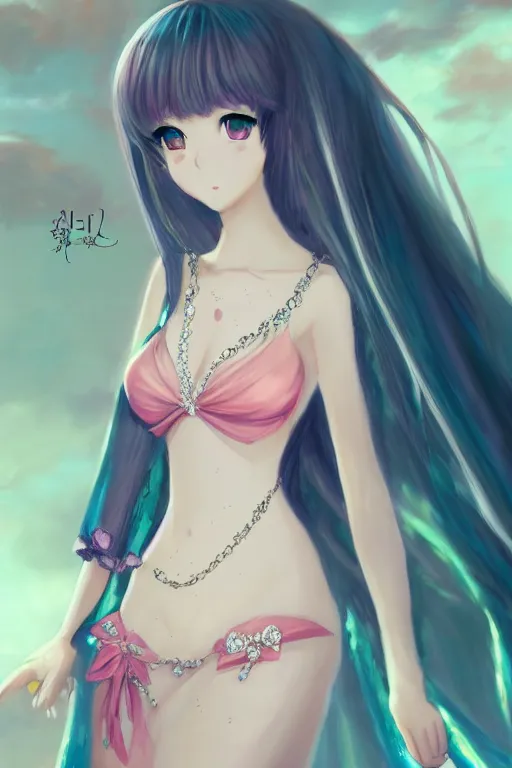 Image similar to Anime sad princess in full figure wearing an exotic evening gown, heargear and jade necklace, evening, detailed painting, WLOP, Artstation