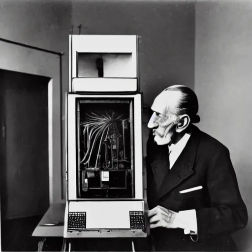 Prompt: underexposed photo of Marcel Duchamp in a room with an ancient machine, tri-x, archival pigment print in the style of Hito Steyerl, contemporary art