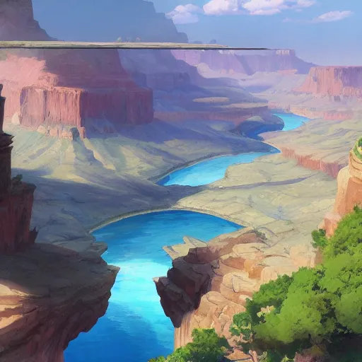 Image similar to concept art painting of a grand canyon filled with water, giant river, with stone bridge under construction realistic, detailed, cel shaded, in the style of makoto shinkai and greg rutkowski and james gurney