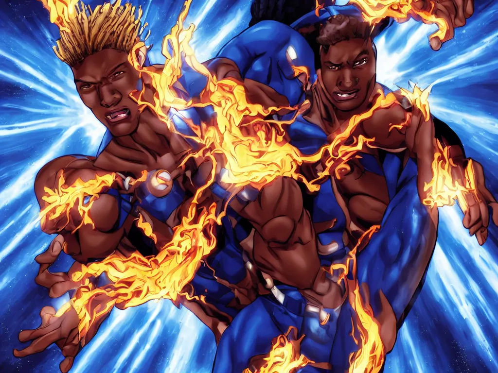 Prompt: a movie scene of a handsome African American Johnny Storm young male superhero of the fantastic four with flaming brown dreadlocks hair, blue uniform with the number 4 on the chest in a round logo, full body, photorealistic, cinematic, high detail, no imperfections, extremely symmetric facial features, hyper realistic, dramatic lighting, unreal engine, octane render, 8k by Kevin Feige