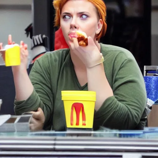 Image similar to fat scarlett johansson sitting in mcdonalds eating a burger, fans cheering