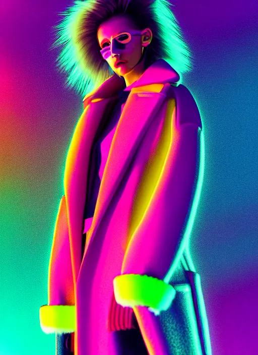 Image similar to stylish coat for a rave, bright colors, many details, prints, photo for a magazine, photo for a store, fashion photography, Vogue, 135 mm, cinematic, hyper realism, high detail, octane render, 8k, chrome accents, very coherent symmetrical artwork, perfect face model, full length photo, Upper and lower body, even skin tone