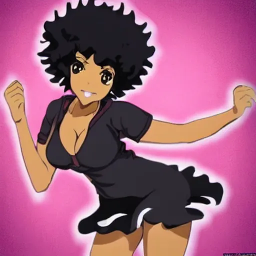 Image similar to A brown skinned woman with black curly hair as an anime character from cowboy bebop