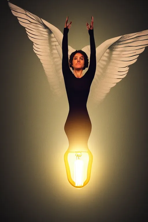 Image similar to an empty light bulb, with a woman trapped inside of it. the woman has wings.