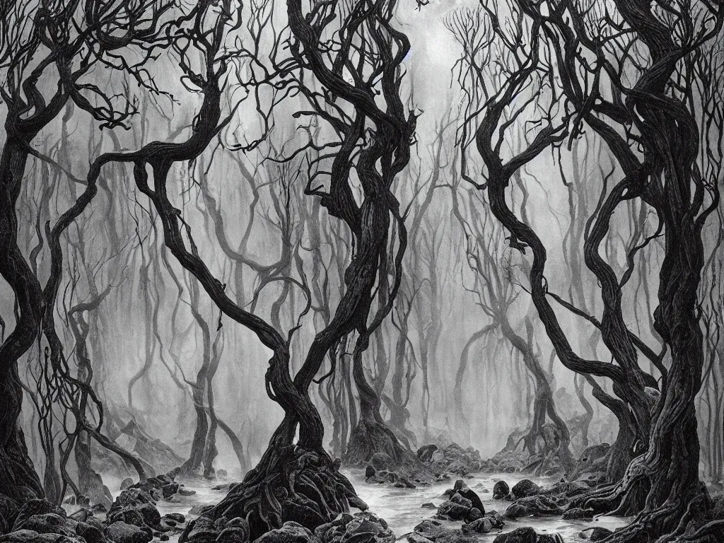 Image similar to ancient forest, artstation, by aubrey beardsley, by caspar david friedrich, by laurie lipton, by kay nielsen, by ivan shishkin, calligraphy, divine, spiritual, paradox, mysterious!, atmospheric, surreal, terrifying, witchcraft!, hope, mountains! background