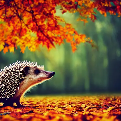 Image similar to hedgehog in the style of tom chambers, warm colours, autumn colours, cinematic lighting, front profile