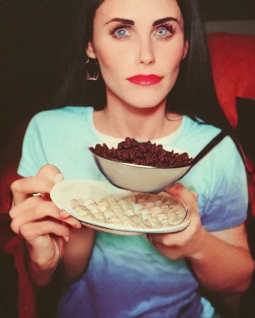Image similar to 2 0 years old plump courtney cox eating cereal in her boyfriend's shirt, redshift, colour shift, wide shot, coloured polaroid photograph, pastel, kodak film, hyper real, stunning moody cinematography