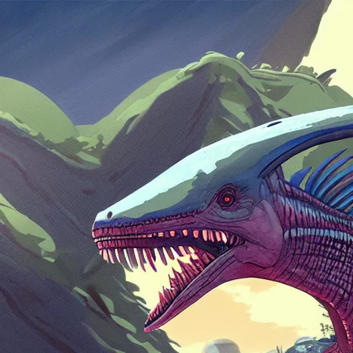 Image similar to concept art painting of alien dinosaurs, detailed, cel shaded, in the style of makoto shinkai and moebius and james gurney