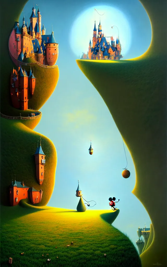 Image similar to gediminas pranckevicius an oil on canvas portrait painting of mickey mouse, surrealism, surrealist, cosmic horror, rob gonsalves, high detail fantastic world castle happy place, volumetric light godray