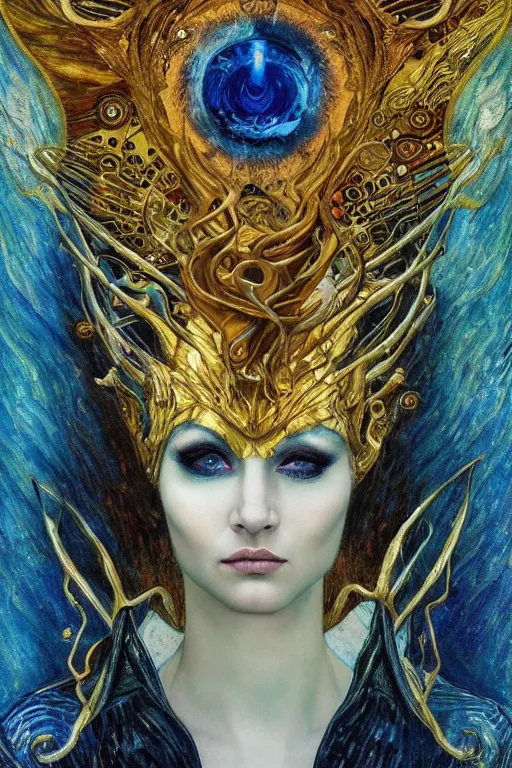 Image similar to Intermittent Chance of Chaos Muse by Karol Bak, Jean Deville, Gustav Klimt, and Vincent Van Gogh, trickster, enigma, Loki's Pet Project, destiny, Poe's Angel, whimsical, Surreality, creativity, inspiration, muse, otherworldly, fractal structures, arcane, ornate gilded medieval icon, third eye, spirals