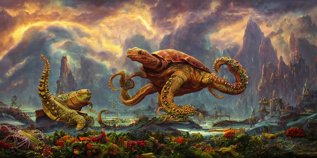 Image similar to fantasy oil painting, great leviathan, cybernetic turtle cephalopod terrapin reptilian pachyderm squid, bella hadid, hybrid, milla jovovich, anubis epic islamic city, natural light, lush plants flowers, spectacular mountains, bright clouds, luminous sky, outer worlds, golden hour, michael cheval, edward hopper, michael whelan, hd