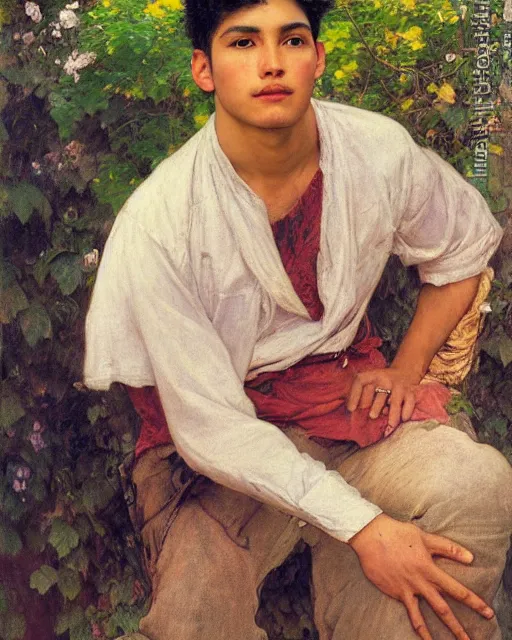 Image similar to young handsome peruvian man, portrait painting by richard schmid, edgar maxence, kehinde wiley, thomas moran, maxfield parrish, studio ghibli, loish, alphonse mucha, fashion photography