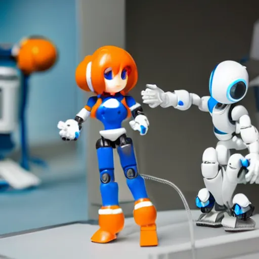 Image similar to photo of figma figures inside a diorama of a laboratory : : a cute female ball - jointed long - haired robot ( in the style of mega man ) is repairing computers. she is being helped by animal - shaped robots and abstract robots.