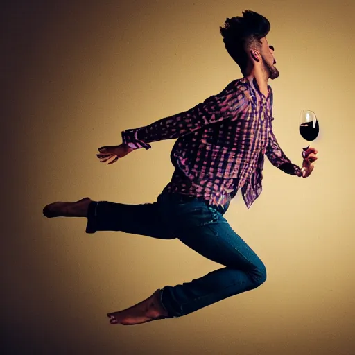Image similar to a detailed portrait of a male model boisterously dancing around the room by himself holding an empty wine bottle as he jumps in the air in an (art studio), striking artistic concept, perfect composition, detailed facial expression, fine detail, dramatic lighting, award-winning photo UHD, 4K