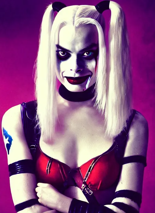 Image similar to 2 8 mm side portrait of beautiful suicide squad happy margot robbie with long white hair that looks like harley quinn, gotham city double exposure, angry frown, glamour pose, watercolor, frank miller, annie leibowitz