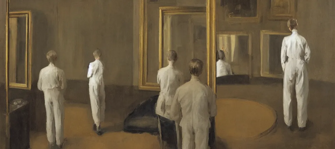 Prompt: painting by borremans, man back standing in front on the mirror in opera theatre, detailed, stunning h 8 3 2