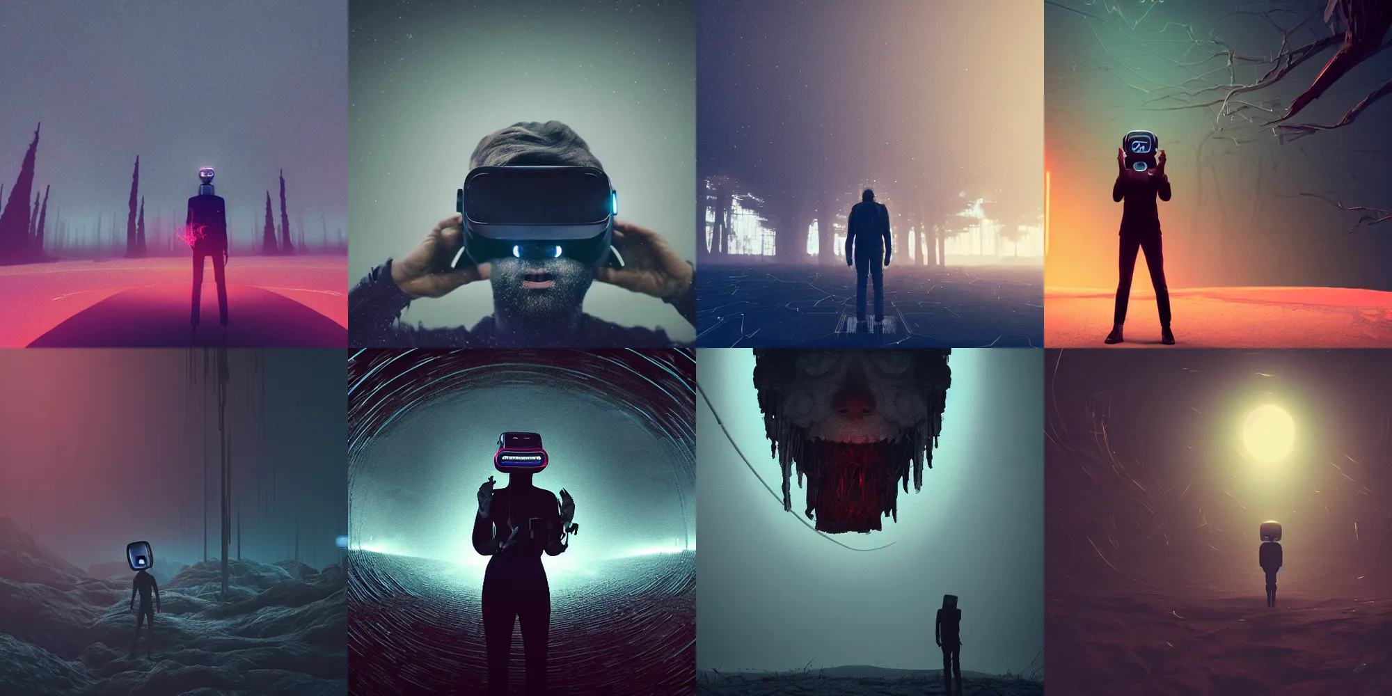 Image similar to beautiful dark creepy landscape, person screaming wearing virtual reality helmet, in the style of beeple and Mike Winkelmann, intricate, epic lighting, cinematic composition, hyper realistic, 8k resolution, unreal engine 5,