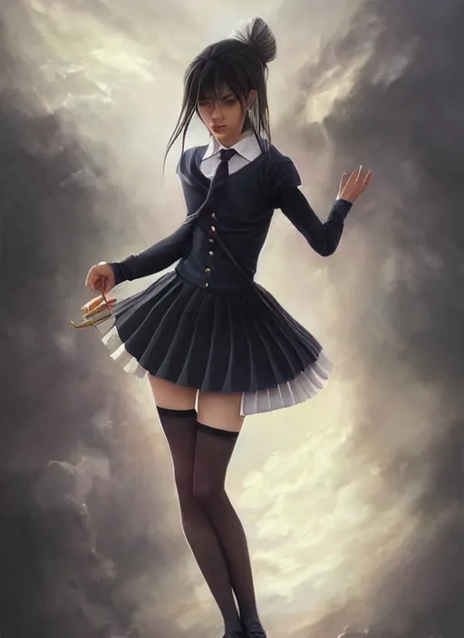 Image similar to a beautiful woman with school uniform, seifuku, pleated miniskirt, overknee socks, adriana lima, painted by artgerm and tom bagshaw, fantasy art, dramatic lighting, highly detailed oil painting, volumetric lighting