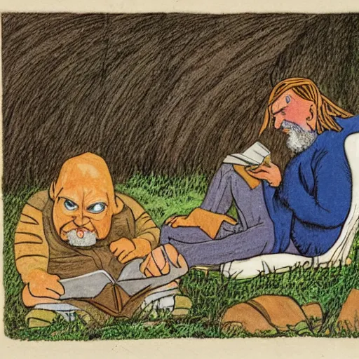 Prompt: robert wyatt sitting on the ground, reading a book to some goblins, artwork