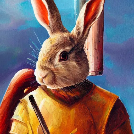 Prompt: rabbit - warrior swordman, brush strokes, oil painting