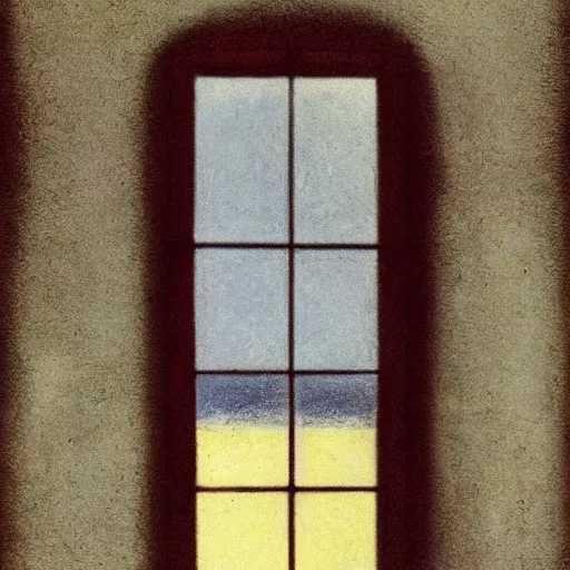 Image similar to creepy Liminal interior seen through an exterior window, in the style of Edward Hooper and Vilhelm Hammershøi and Albert Bierstadt