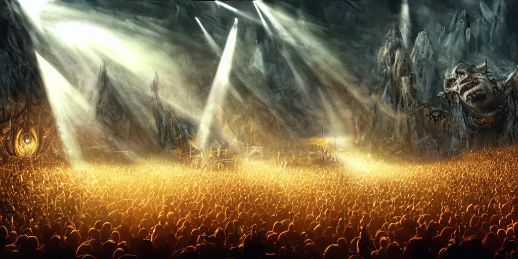 Prompt: ambience, atmosphere, sunbeams, concept art for sauron playing rock guitar concert to a crowd of orcs, lord of the rings, peter jackson, studio ghibli, detailed, realistic lighting, volumetric lighting, golden hour,