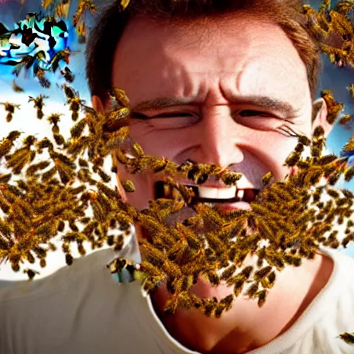 Image similar to photograph of bees crawling out of a smiling mans mouth, 8k resolution, high detail, ULTRA REALISTIC VFX, reflections