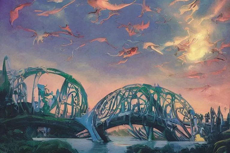 Image similar to Surreal, bridge between the worlds, fairy magnificent, elegant, art nouveau, white sweeping arches, surreal hybrid animals of neon colors in the sky, dramatic lighting, by Studio Ghibli, Brom,