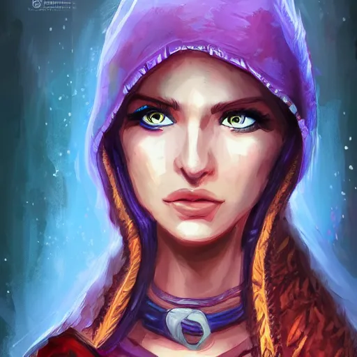 Prompt: portrait of female adventurer, with a cloak, detailed, colorful, Aleriia_V, art station, deviant art, rpg portrait