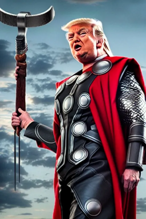 Image similar to donald trump as thor, wielding hammer, ready for battle, movie still