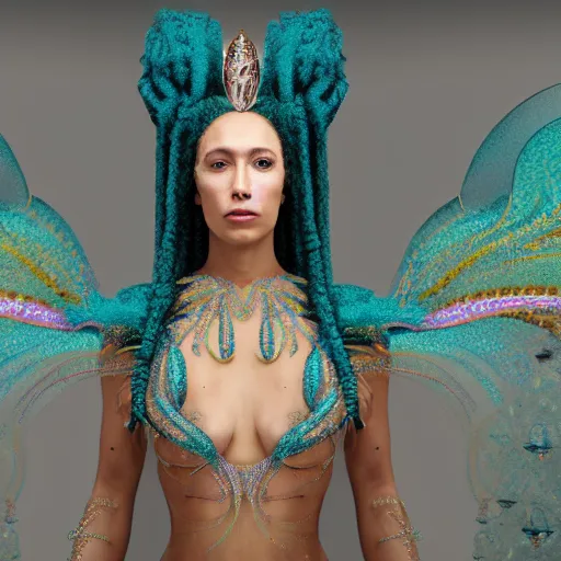 Image similar to unreal engine, octane render, 8 k, sandro botticelli portrait of egyptian sumerian goddess princess intergalactica, nautical siren, lady of elche, queen of heaven, techno mystic goddess, with aqua neon dreadlocks, teal eyebrows encrusted with diamonds, wearing iris van herpen haute couture, star - gate of futurisma,