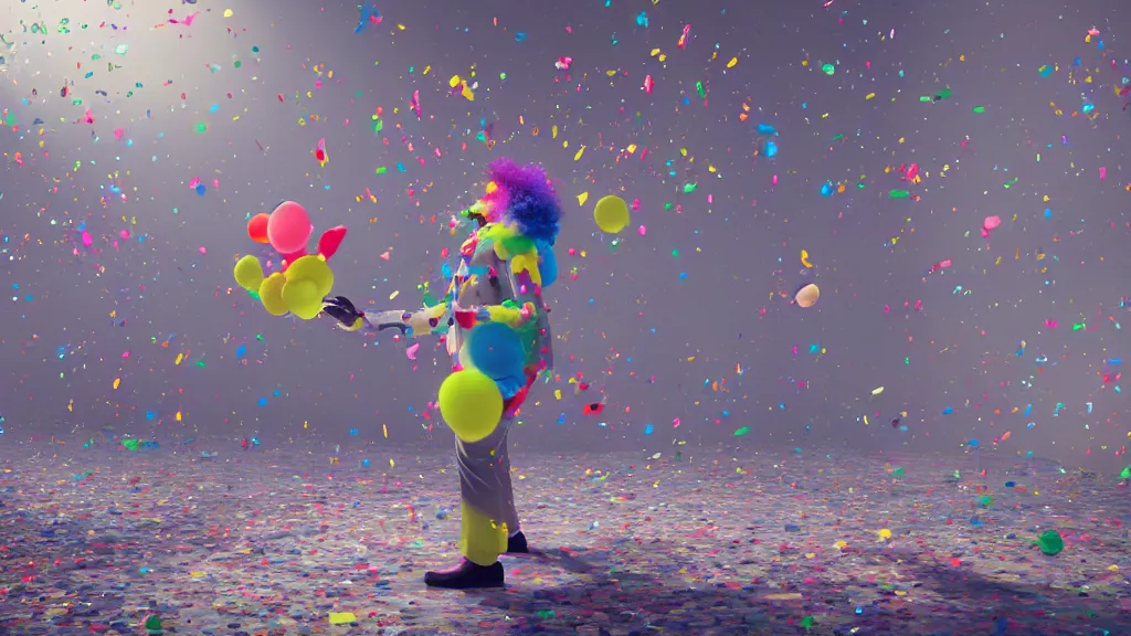 Image similar to A clown spraying confetti from his pants, by Beeple, hyperrealistic, Cryengine 8k UHD